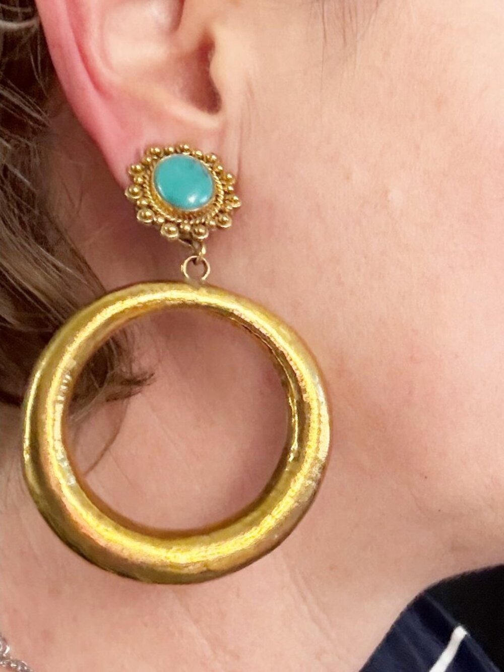 Oversized Clip-On Gold Tone Turquoise Fashion Earrings - Picture 5 of 5
